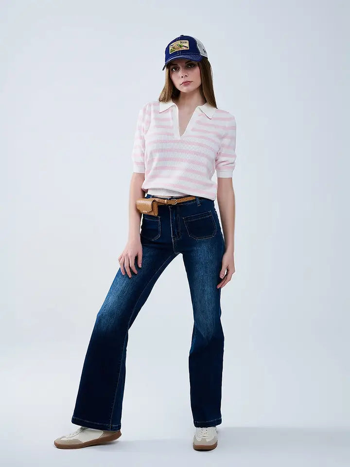 White Crop Knitted Polo Top with Pink Stripes-Polo Top-Q2-S-PINK-Urbanheer