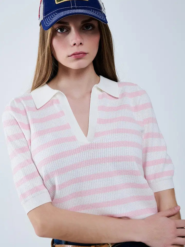 White Crop Knitted Polo Top with Pink Stripes-Polo Top-Q2-S-PINK-Urbanheer