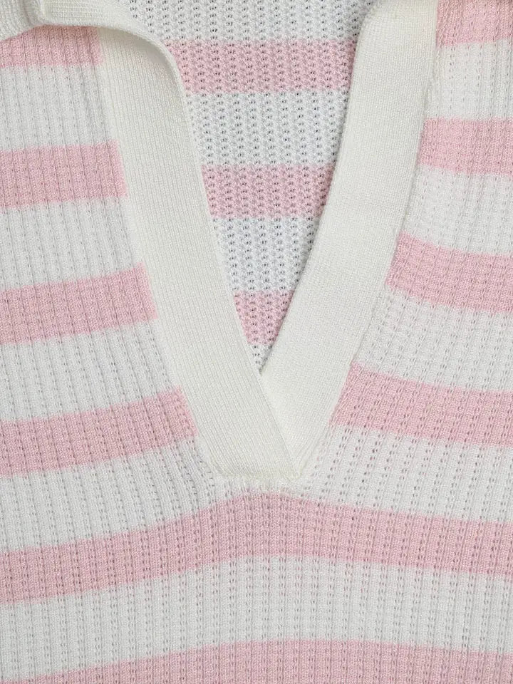 White Crop Knitted Polo Top with Pink Stripes-Polo Top-Q2-S-PINK-Urbanheer