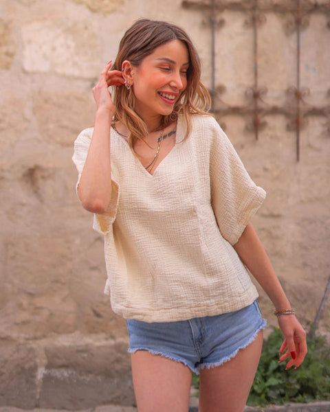 White Double Gauze Cotton V-Neck Top-Top-Moa-Bust: 43.5"inch - 110 cm Waist: 43.5"inch - 110 cm Length: 21"inch - 53 cm-White-Urbanheer