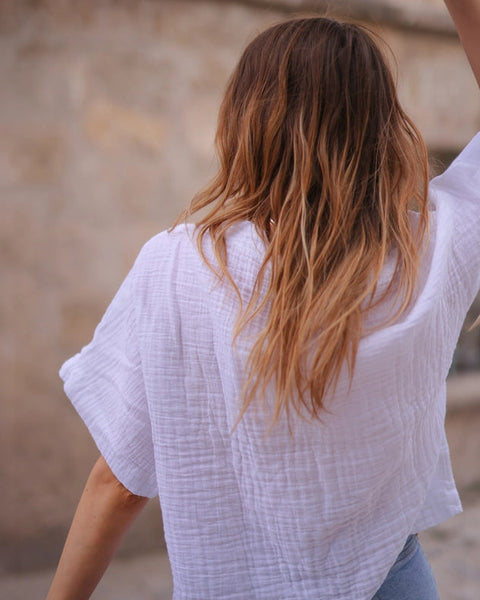 White Double Gauze Cotton V-Neck Top-Top-Moa-Bust: 43.5"inch - 110 cm Waist: 43.5"inch - 110 cm Length: 21"inch - 53 cm-White-Urbanheer