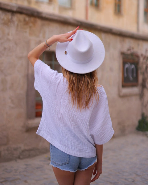 White Double Gauze Cotton V-Neck Top-Top-Moa-Bust: 43.5"inch - 110 cm Waist: 43.5"inch - 110 cm Length: 21"inch - 53 cm-White-Urbanheer