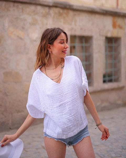 White Double Gauze Cotton V-Neck Top-Top-Moa-Bust: 43.5"inch - 110 cm Waist: 43.5"inch - 110 cm Length: 21"inch - 53 cm-White-Urbanheer