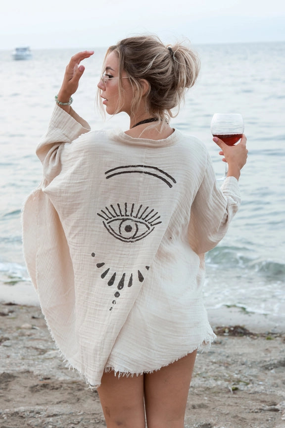 White Evil Eye Double Gauze Cotton Poncho Cream-Kimono-Moa-L:29" inch-74cm W:39" inch-100cm-Cream-Urbanheer