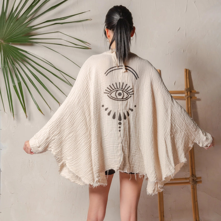 White Evil Eye Double Gauze Cotton Poncho Cream-Kimono-Moa-L:29" inch-74cm W:39" inch-100cm-Cream-Urbanheer