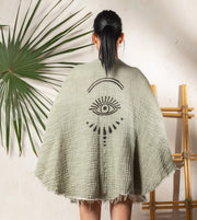 White Evil Eye Double Gauze Cotton Poncho Green-Kimono-Moa-L:29" inch-74cm W:39" inch-100cm-Green-Urbanheer