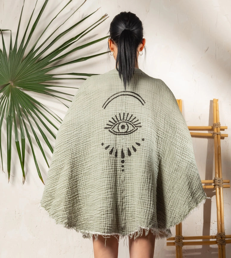 White Evil Eye Double Gauze Cotton Poncho Green-Kimono-Moa-L:29" inch-74cm W:39" inch-100cm-Green-Urbanheer