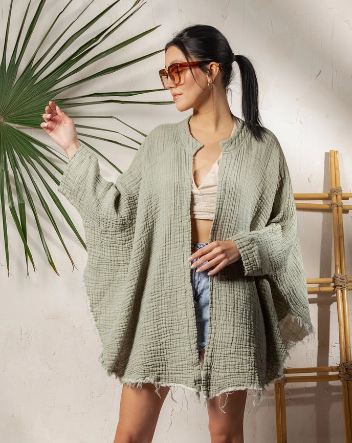 White Evil Eye Double Gauze Cotton Poncho Green-Kimono-Moa-L:29" inch-74cm W:39" inch-100cm-Green-Urbanheer