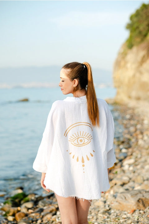 White Evil Eye Double Gauze Cotton Poncho White-Kimono-Moa-L:29" inch-74cm W:39" inch-100cm-White-Urbanheer