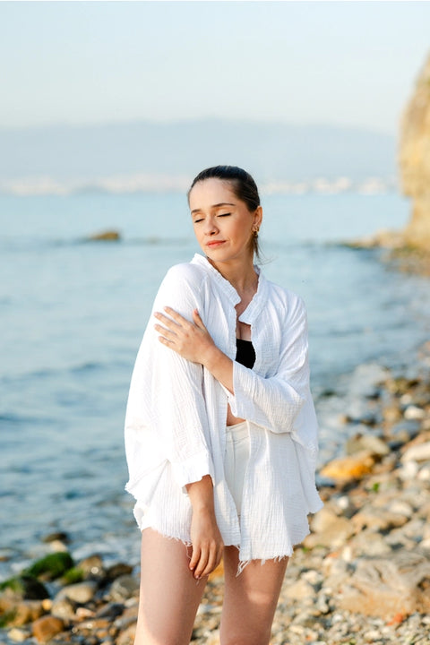 White Evil Eye Double Gauze Cotton Poncho White-Kimono-Moa-L:29" inch-74cm W:39" inch-100cm-White-Urbanheer