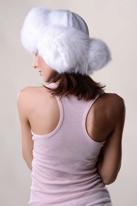 White Genuine Arctic Fox Fur Hat with Lamb Nappa Leather-Hats-Buy Me Fur Ltd-White-55-Genuine Arctic Fox Fur and Nappa Leather-Urbanheer