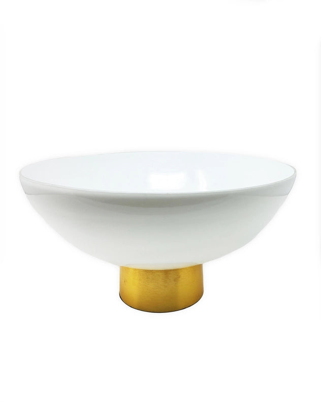 White Glass Bowl On Gold Base 11.5"D X 6"H