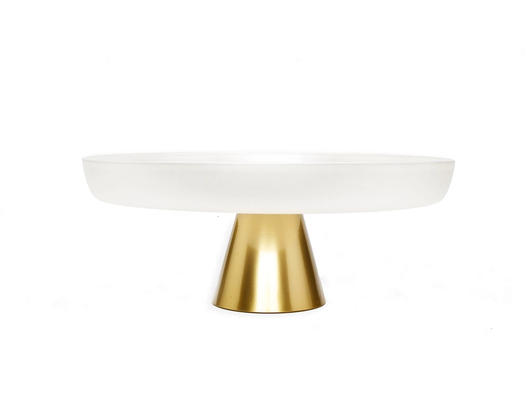 White Glass Cake Plate On Gold Stem-Cake Plate-CLASSIC TOUCH DECOR INC.-13.5"D-Urbanheer