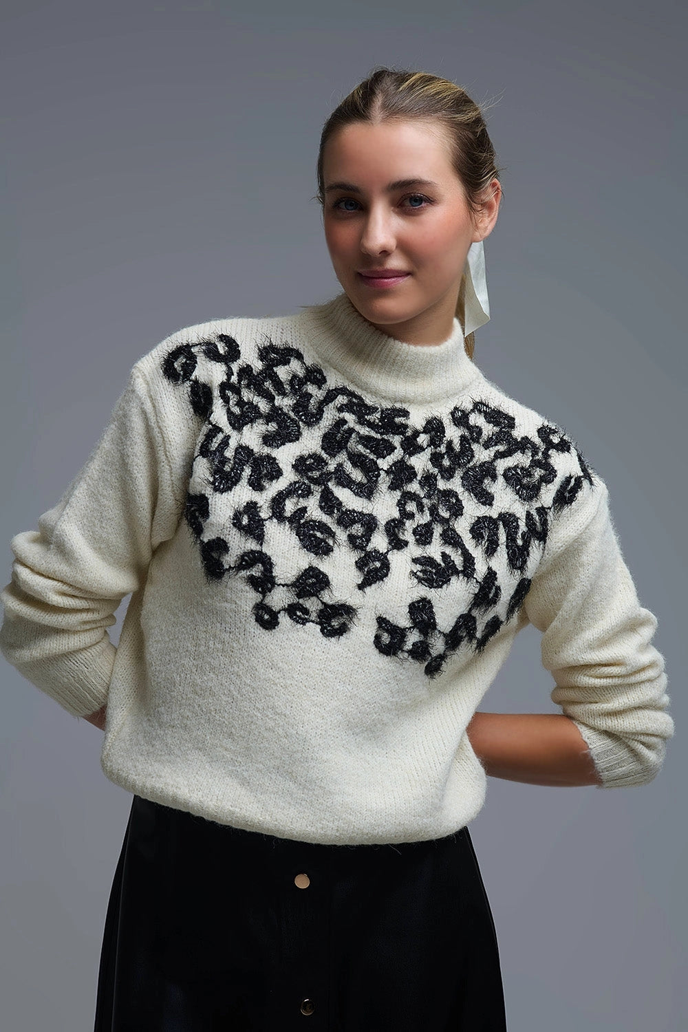 White Knitted Sweater with Abstract Design