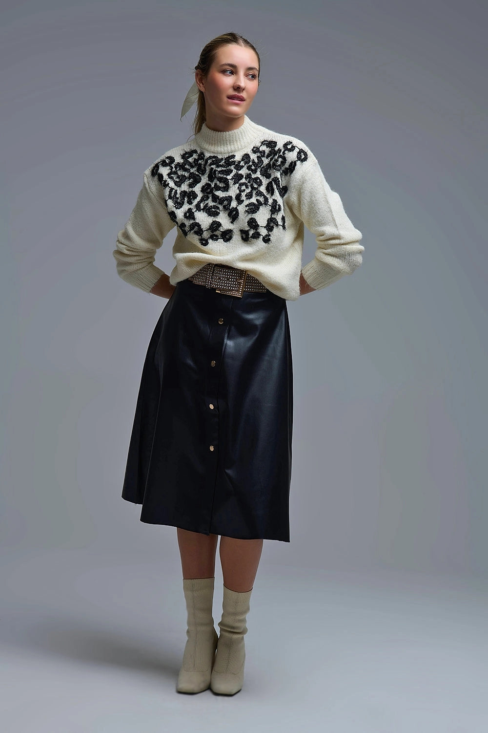 White Knitted Sweater with Abstract Design