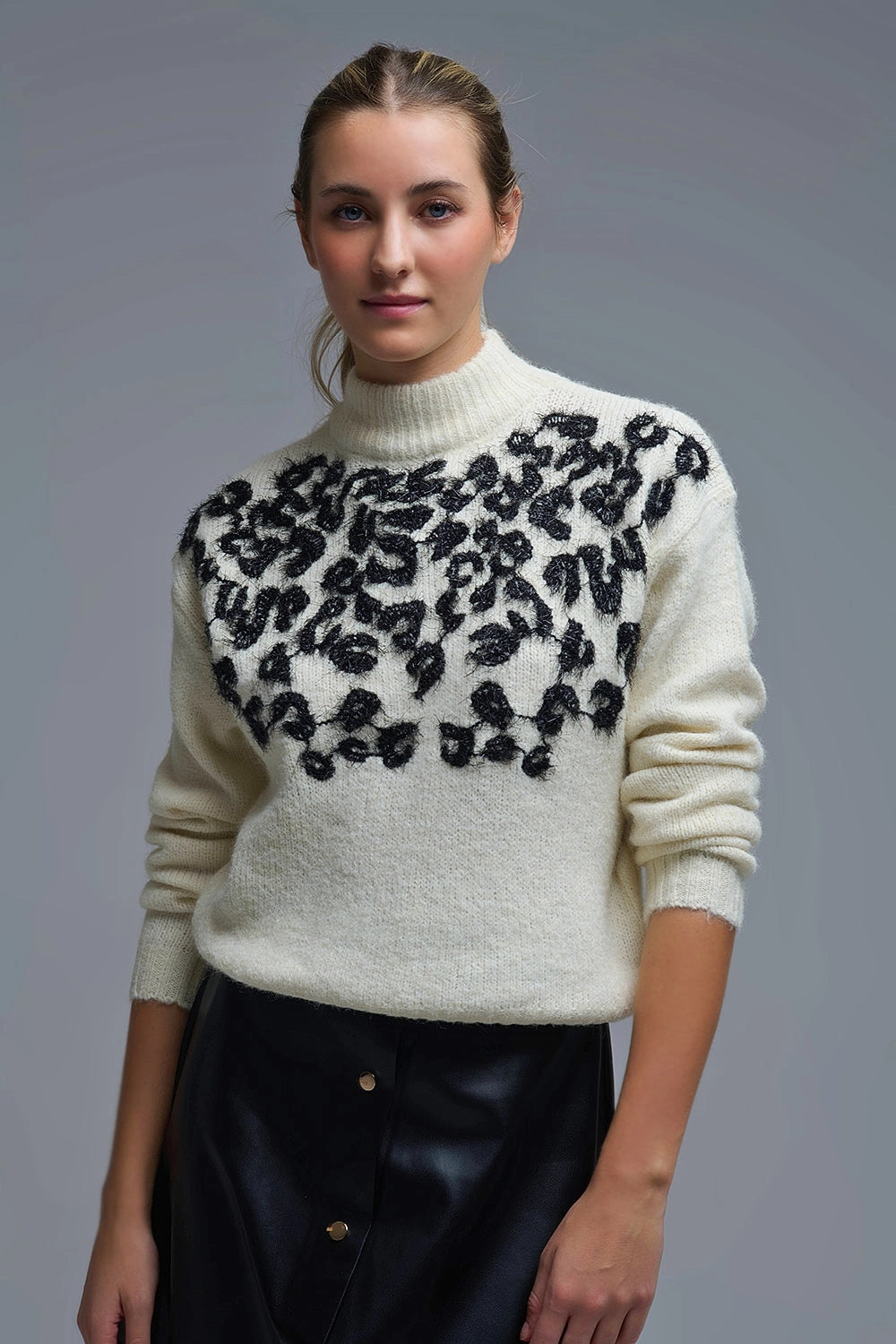 White Knitted Sweater with Abstract Design