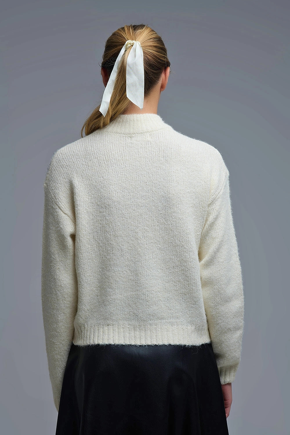 White Knitted Sweater with Abstract Design