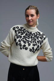 White Knitted Sweater with Abstract Design