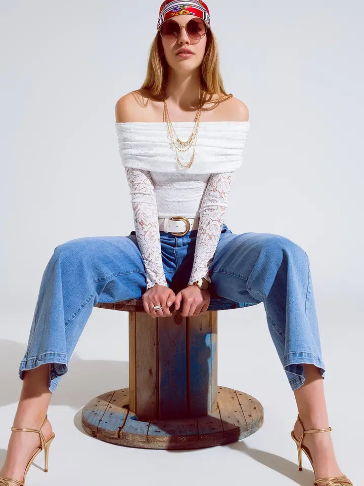 White Lace Bodycon Off the Shoulder Top-Top-Q2-S-White-Urbanheer