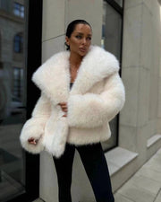 White Lapel Faux Fur Jacket Puffy Pine Casual Fox Fur Skirt-Jacket-Aries Brand-S-White-Urbanheer