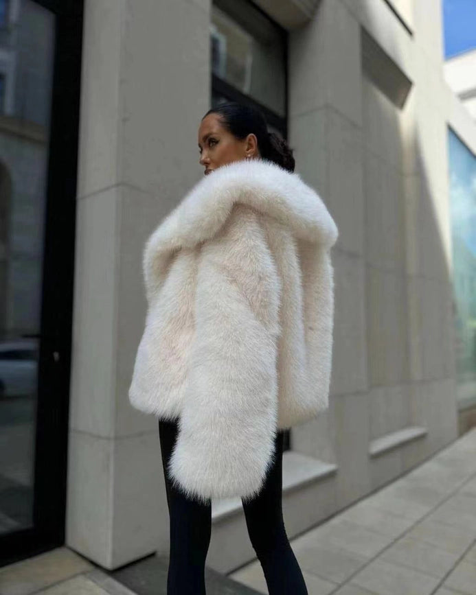 White Lapel Faux Fur Jacket Puffy Pine Casual Fox Fur Skirt-Jacket-Aries Brand-S-White-Urbanheer