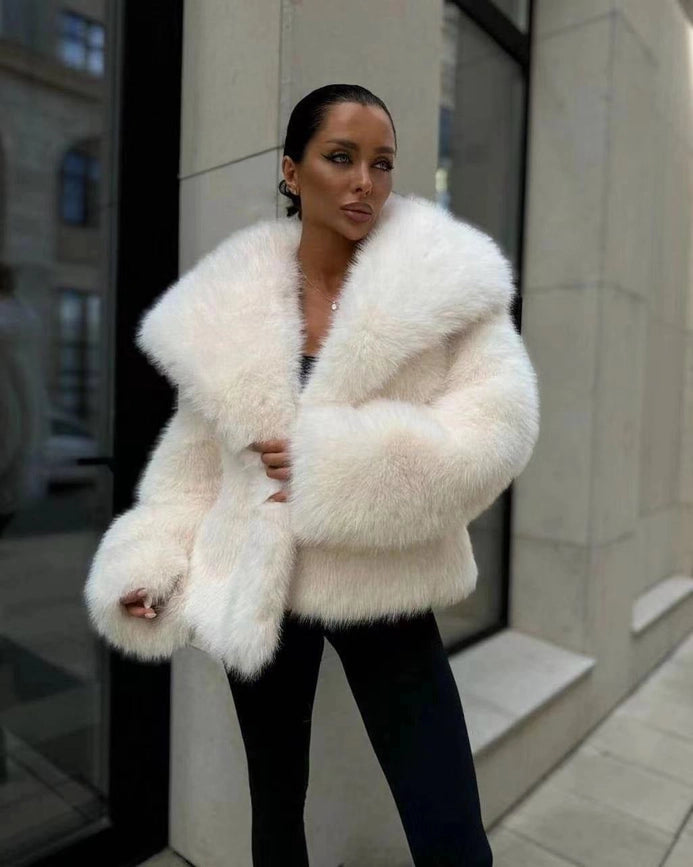White Lapel Faux Fur Jacket Puffy Pine Casual Fox Fur Skirt-Jacket-Aries Brand-S-White-Urbanheer