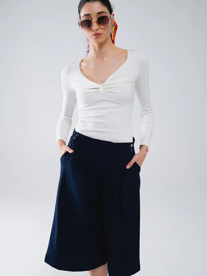 White Long Sleeve Shirt with Knot Detail and V-Neck-Shirt-Q2-S-White-Urbanheer