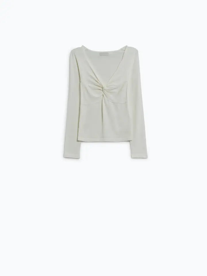 White Long Sleeve Shirt with Knot Detail and V-Neck-Shirt-Q2-S-White-Urbanheer