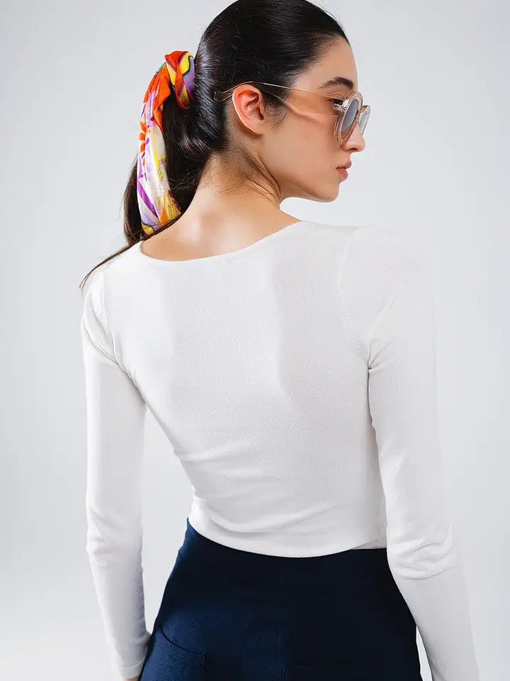 White Long Sleeve Shirt with Knot Detail and V-Neck-Shirt-Q2-S-White-Urbanheer