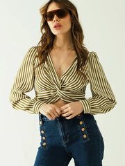 White Long Sleeves Crop Top with Brown Stripes and V-Neck-Top-Q2-S-Green-Urbanheer