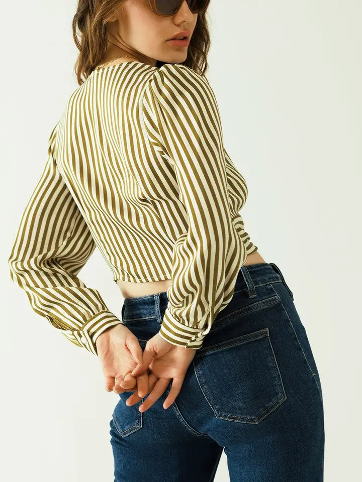 White Long Sleeves Crop Top with Brown Stripes and V-Neck-Top-Q2-S-Green-Urbanheer