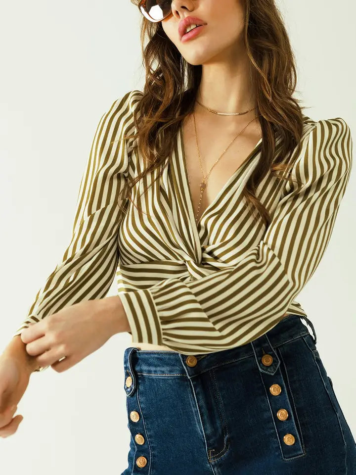 White Long Sleeves Crop Top with Brown Stripes and V-Neck-Top-Q2-S-Green-Urbanheer