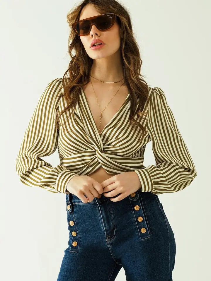 White Long Sleeves Crop Top with Brown Stripes and V-Neck-Top-Q2-S-Green-Urbanheer
