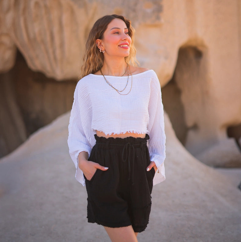 White Muslin Off Shoulder Crop Top Blouse-Blouses-Moa-White-Urbanheer