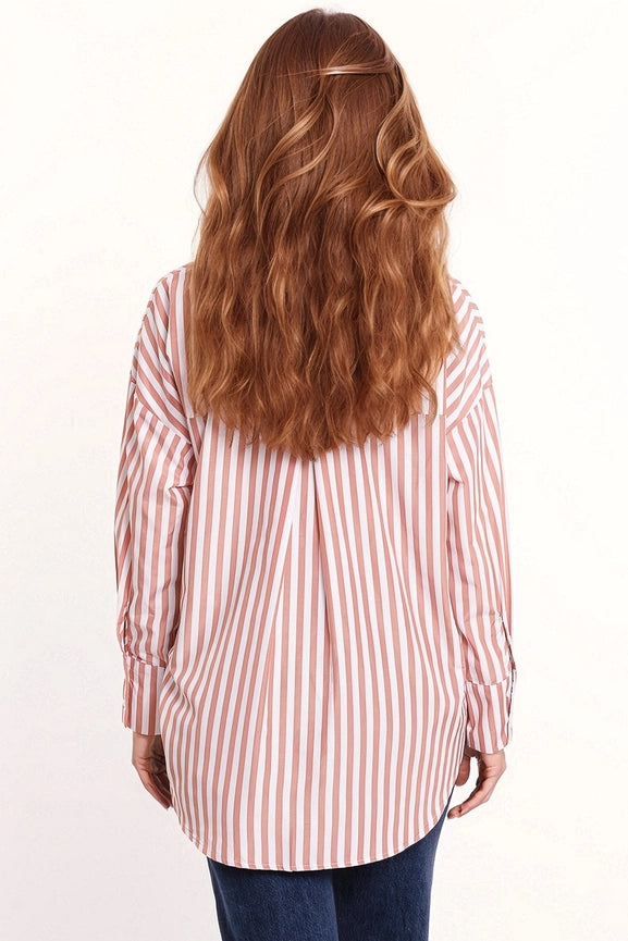 White Oversized Blouse with Vertical Stripes in Pink and Che-Blouse-Q2-M-Pink-Urbanheer