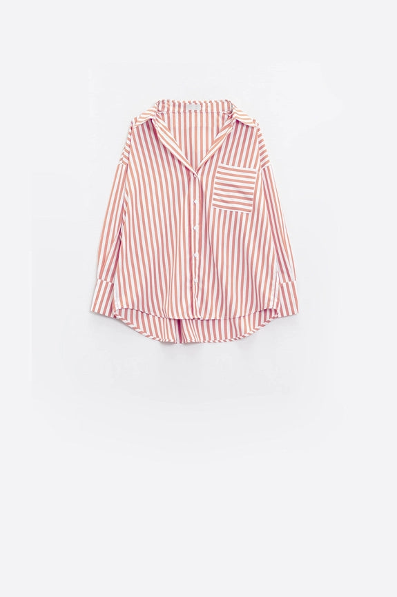 White Oversized Blouse with Vertical Stripes in Pink and Che-Blouse-Q2-M-Pink-Urbanheer