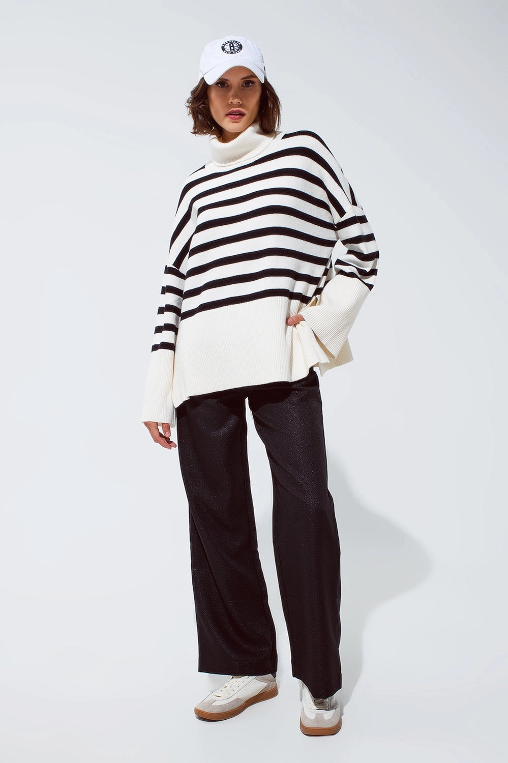 White Oversized Trutleneck Sweater with Black Stripes and Splits On the Side