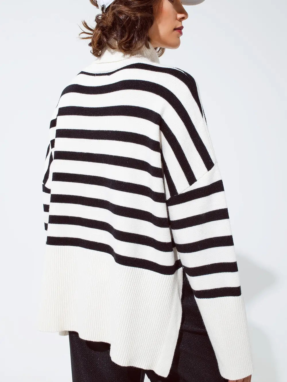 White Oversized Trutleneck Sweater with Black Stripes and Splits On the Side