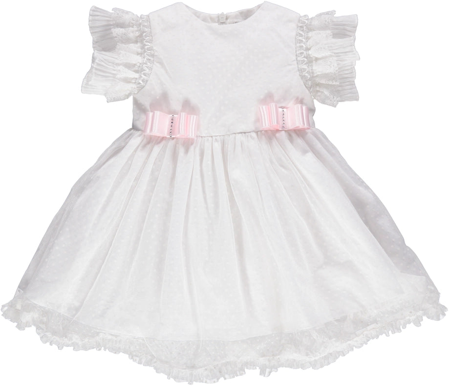 White Party Dress with Lace and Pink Bows-Dress-Piccola Speranza-3M-white-Urbanheer
