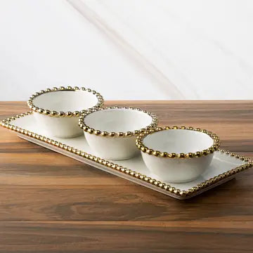 White Porcelain 3 Bowl Relish Dish with Gold Beaded Design