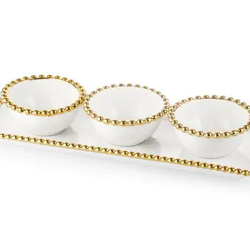 White Porcelain 3 Bowl Relish Dish with Gold Beaded Design