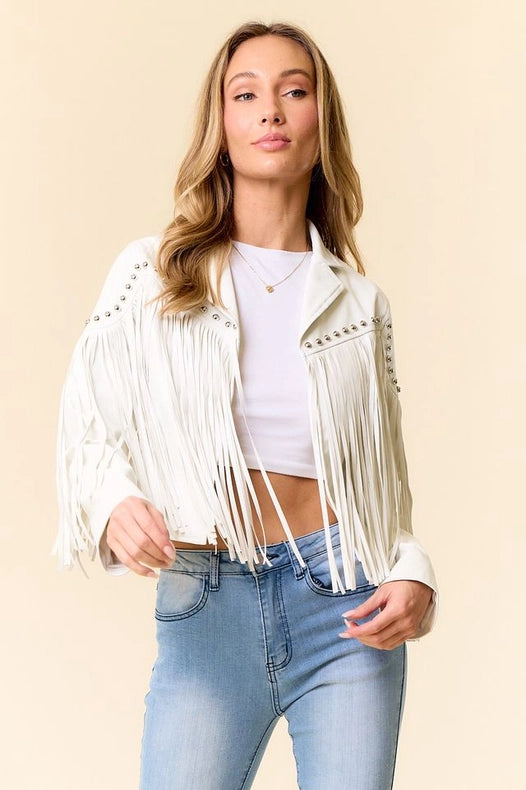 White Pu Silver Studded Fringe Jacket-Jacket-Saints & Hearts-S-Urbanheer