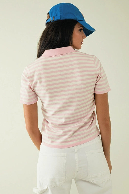 White Short Sleeves Polo Shirt with Light Pink Stripes and F-Polo Shirt-Q2-L-Pink-Urbanheer