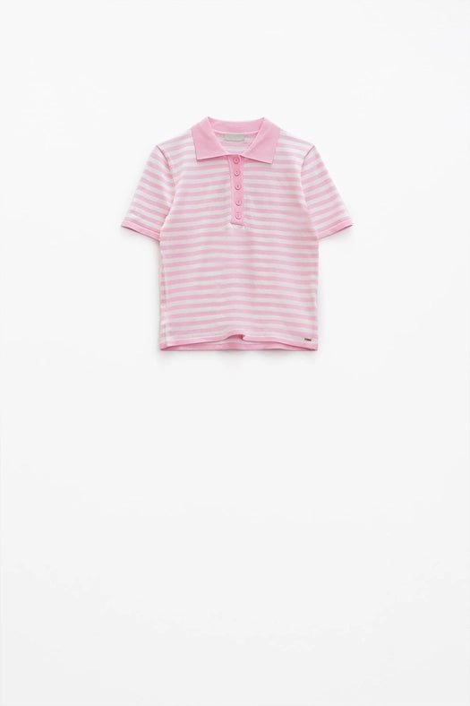 White Short Sleeves Polo Shirt with Light Pink Stripes and F-Polo Shirt-Q2-L-Pink-Urbanheer