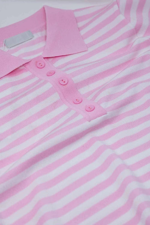White Short Sleeves Polo Shirt with Light Pink Stripes and F-Polo Shirt-Q2-L-Pink-Urbanheer