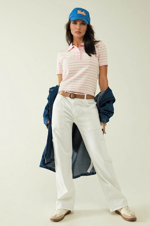 White Short Sleeves Polo Shirt with Light Pink Stripes and F-Polo Shirt-Q2-L-Pink-Urbanheer