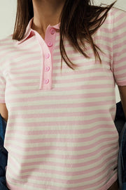 White Short Sleeves Polo Shirt with Light Pink Stripes and F-Polo Shirt-Q2-L-Pink-Urbanheer