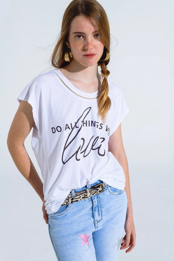 White T-Shirt with Black Text At the Front and Trim At the Neck-T-Shirt-Q2-One Size-White-Urbanheer