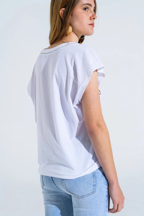 White T-Shirt with Black Text At the Front and Trim At the Neck-T-Shirt-Q2-One Size-White-Urbanheer