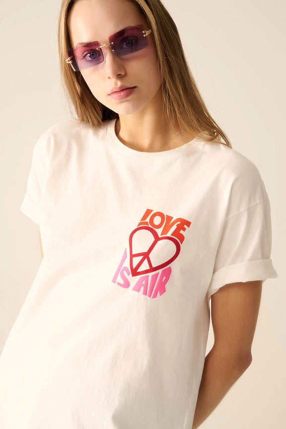 White T-Shirt with Love Is Air and Heart with Peace Logo-T-Shirt-Q2-ONE-WHITE-Urbanheer